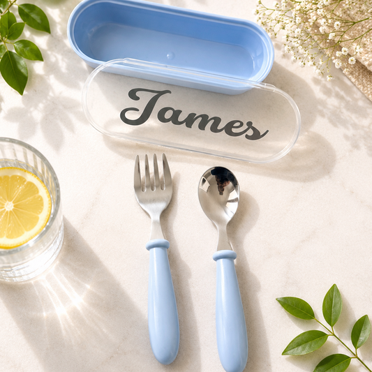 Personalised Kids Mini Cutlery Set with Stainless Steel Heads and With Case – Blue