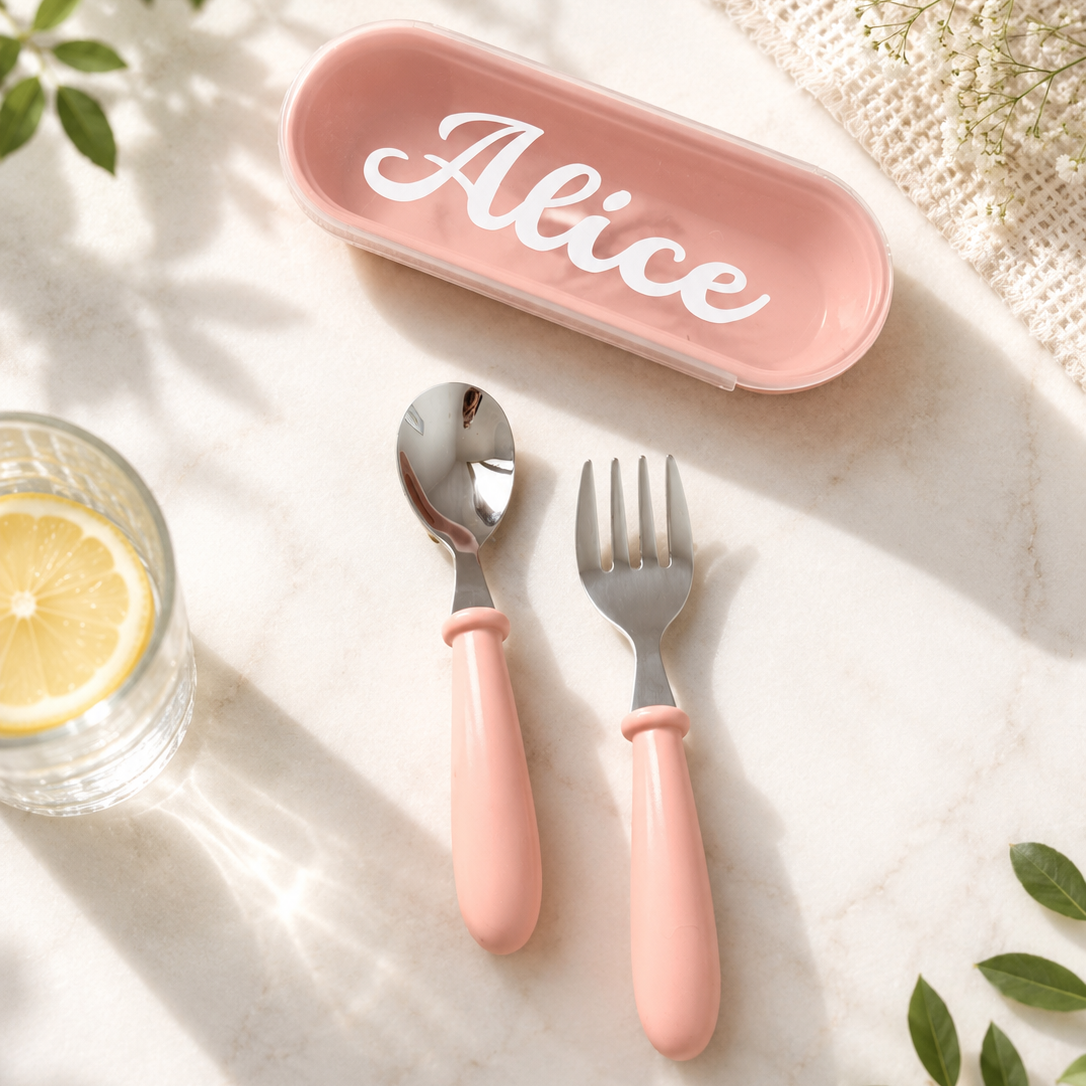 Personalised Kids Mini Cutlery Set with Stainless Steel Heads and With Case – Pink