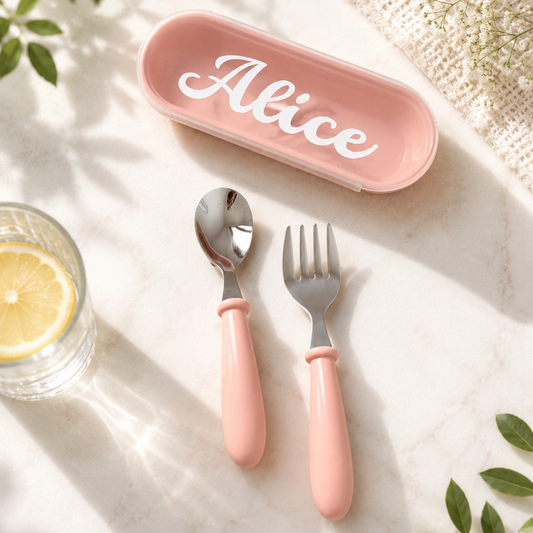 Personalised Kids Mini Cutlery Set with Stainless Steel Heads and With Case – Pink
