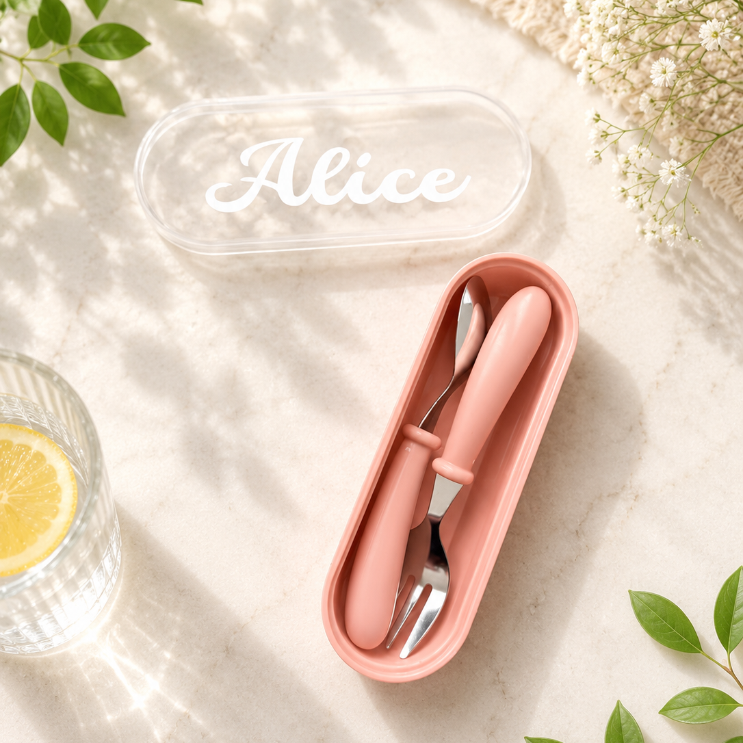 Personalised Kids Mini Cutlery Set with Stainless Steel Heads and With Case – Pink