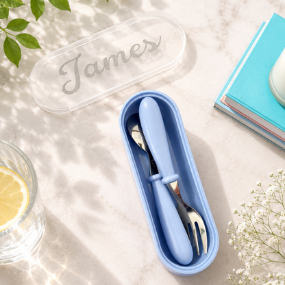 Personalised Kids Mini Cutlery Set with Stainless Steel Heads and With Case – Blue