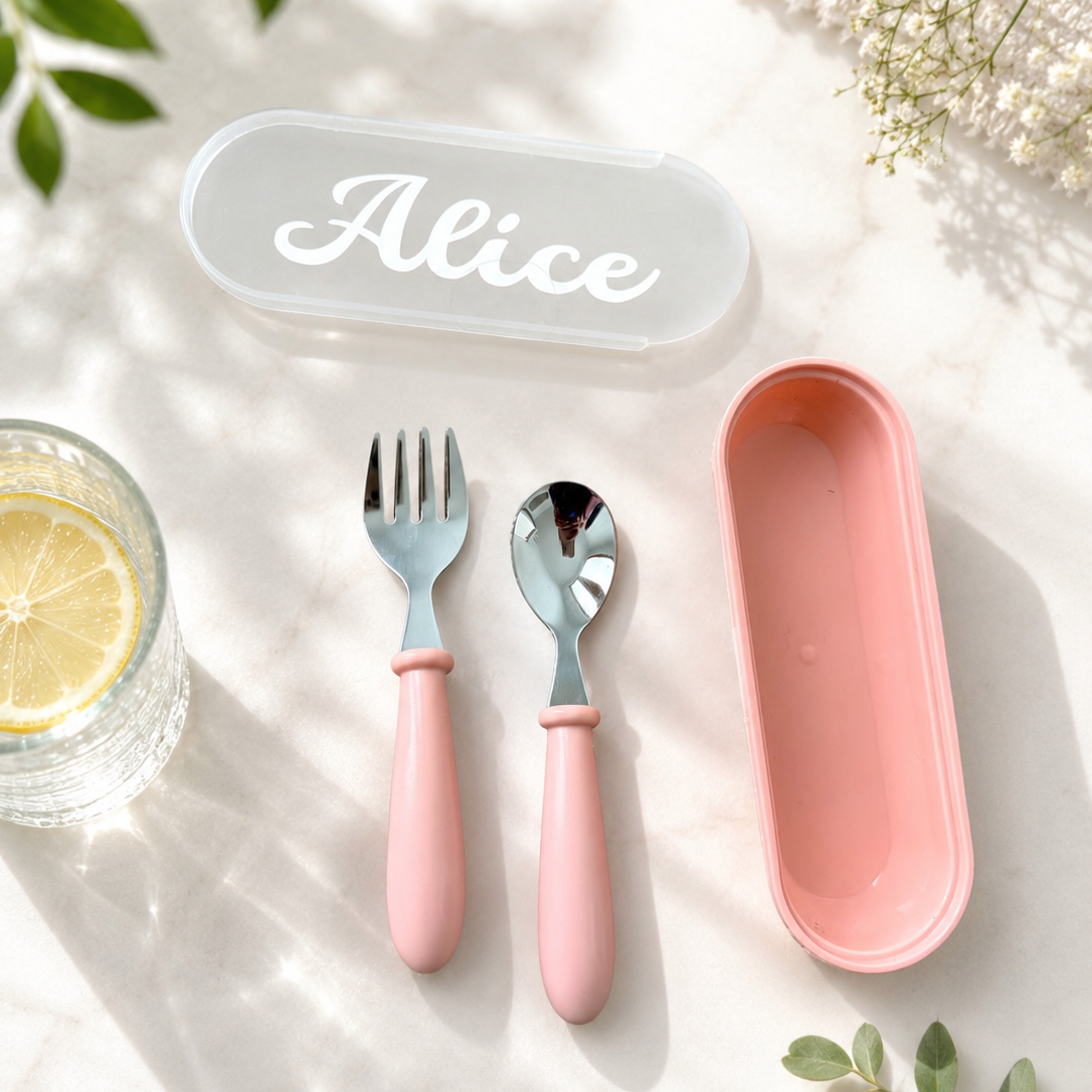 Personalised Kids Mini Cutlery Set with Stainless Steel Heads and With Case – Pink