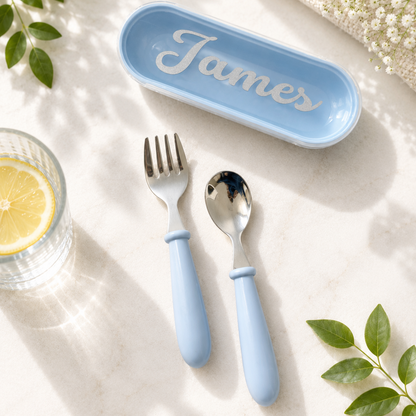 Personalised Kids Mini Cutlery Set with Stainless Steel Heads and With Case – Blue